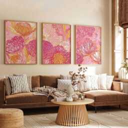 Pink Floral Wall Art Prints Set Of 3, Modern Botanical Posters, Vibrant Flower Artwork For Living Room, Bedroom Or Contemporary Home Decor - thumbnail 3
