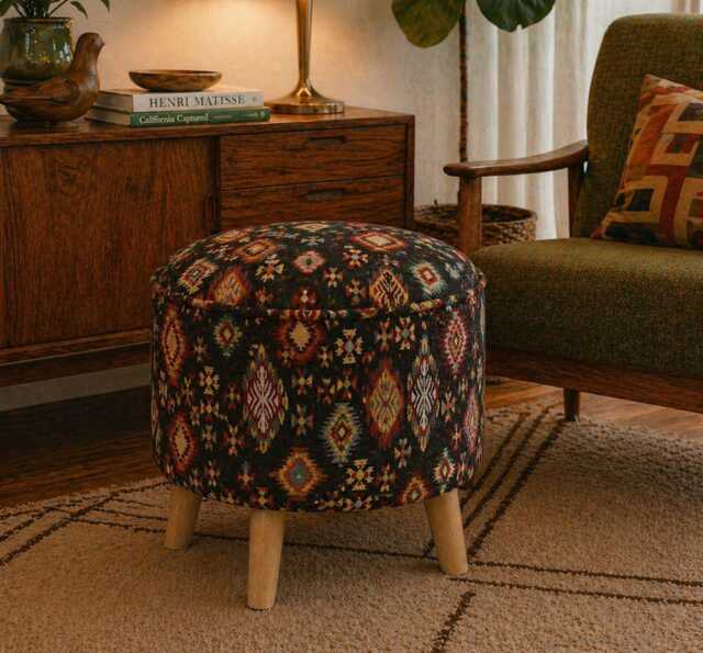 Upholstered Ottoman Round Hidden Storage Footstool - Moroccan Tribal Fabric Black - image 1