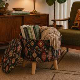 Upholstered Ottoman Round Hidden Storage Footstool - Moroccan Tribal Fabric Black - thumbnail 2