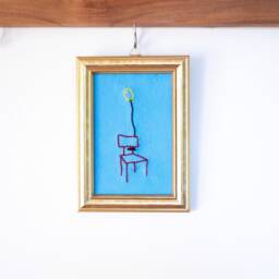 Funny Embroidery Art in Frame, Balloon With Chair, Re-Used, Recycled Weird Work, Funny Gift, Wall Art, Cute, Gold - thumbnail 1