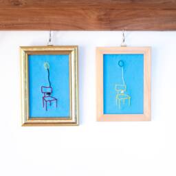 Funny Embroidery Art in Frame, Balloon With Chair, Re-Used, Recycled Weird Work, Funny Gift, Wall Art, Cute, Gold - thumbnail 3