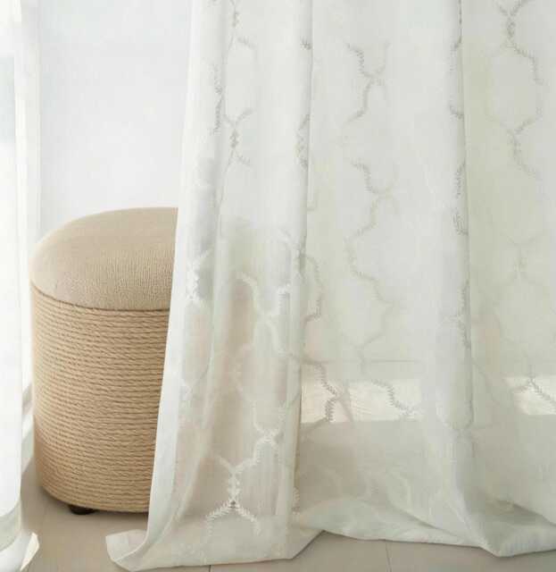A Pair Of Off White Linen Blend Sheer Curtains With Geometric Pattern, Living Room Curtains, Custom Made, Privacy Curtains - image 1