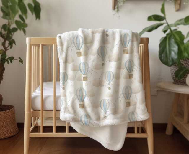 Multiple Hot Air Balloons - Blue Sherpa Blanket, Decor, Kids Bedding, Blankets, Children's Room, Balloons, Blanket - image 1