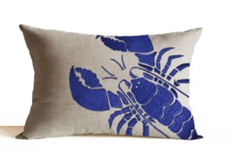 Throw Pillow, Linen Pillowcase, Lobster Royal Blue Coastal Pillows, Nautical, Sea Animal Beach Decor, Gift - thumbnail 1