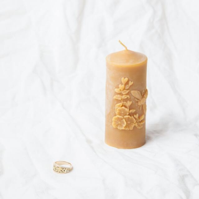 Bee & Hollyhock Beeswax Pillar Candle