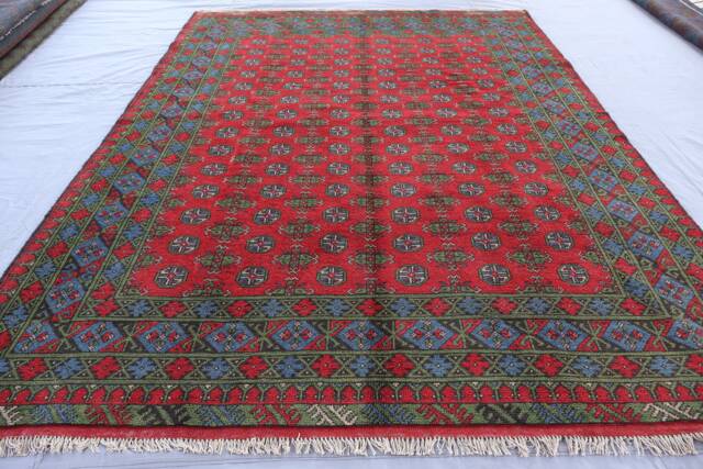 7x10 Afghan Bukhara Rug Turkmen Hand Knotted Veg Dye Wool Oriental Rug, Tribal Area Red Green Blue Traditional For Living Room - image 1