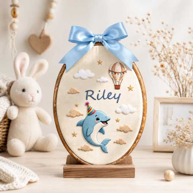 Personalized Embroidered Baby Name Hoop, Nursery Wall Decor, Custom Dolphin Shower Gift, Newborn Keepsake - image 1