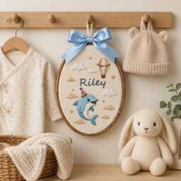 Personalized Embroidered Baby Name Hoop, Nursery Wall Decor, Custom Dolphin Shower Gift, Newborn Keepsake - thumbnail 3