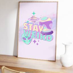 Pastel Stay Weird Print - Cool Y2K Aesthetic, Indie, Trendy Girly Pastel, Danish Design, Space Galaxy Alien Ufo, Quote, Fun - thumbnail 3