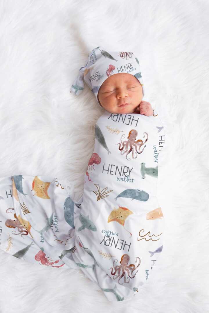 Personalized Ocean Animals Baby Blanket Sea Life For Boy Shower