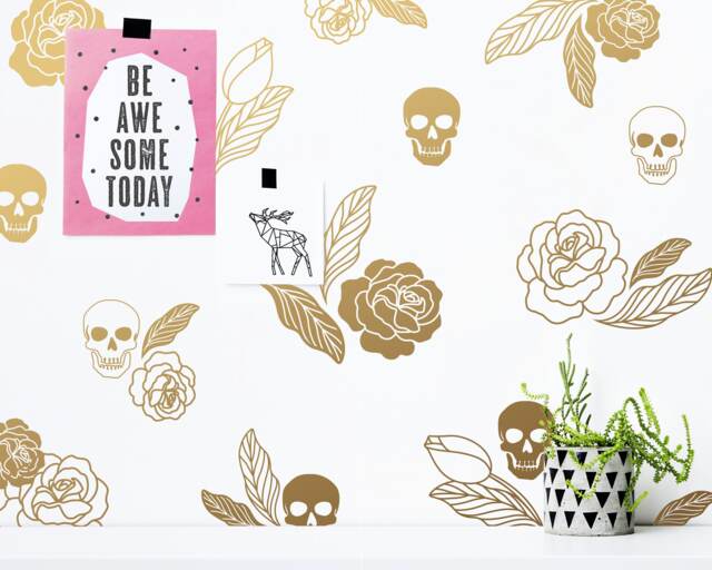 Skulls & Roses Wall Decals - Halloween Decor, Modern Vinyl Decals, Leaf Gold Floral Stickers, Skull - image 1
