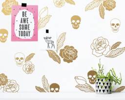 Skulls & Roses Wall Decals - Halloween Decor, Modern Vinyl Decals, Leaf Gold Floral Stickers, Skull - thumbnail 1