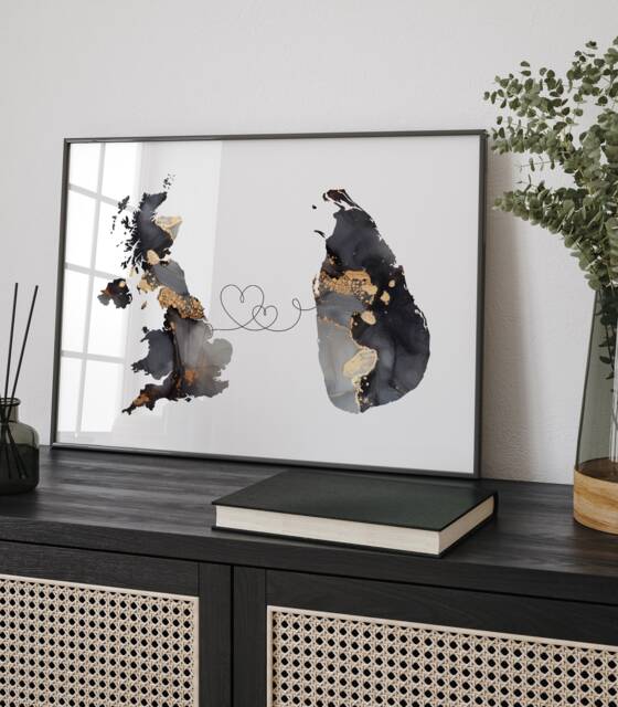 Britain & Sri Lanka Map Black & Gold Travel Wall Art Print - United Kingdom UK - image 1