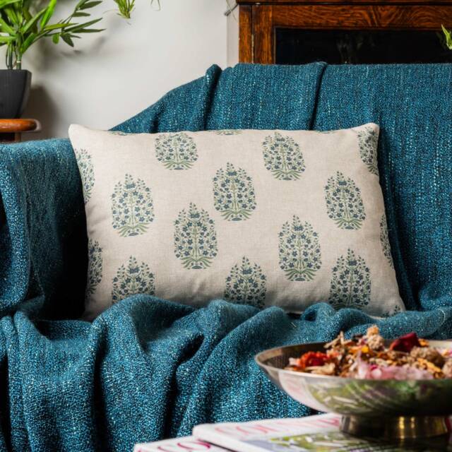 Apple Grove Linen Effect Boudoir Cushion Cover in Indigo Blue & Green. Nature Inspired Geometric Trees Blossom Print. 17x12 - image 1