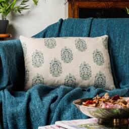 Apple Grove Linen Effect Boudoir Cushion Cover in Indigo Blue & Green. Nature Inspired Geometric Trees Blossom Print. 17x12 - thumbnail 1