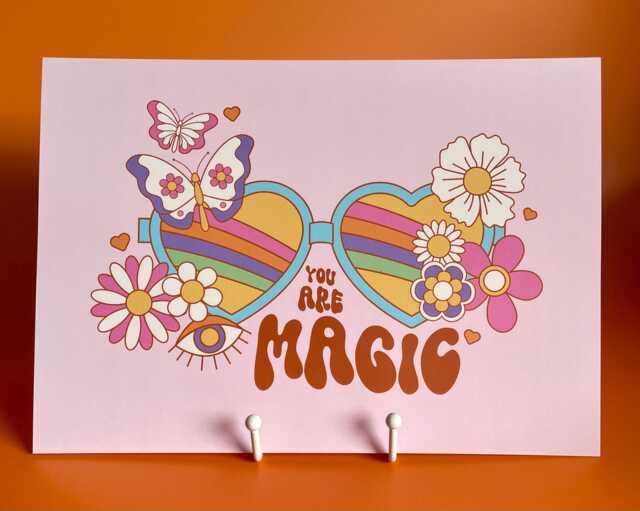 You Are Magic A4 Art Print - 60S Retro Rainbow & Floral Illustration Motivational Slogan - image 1