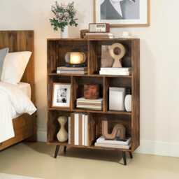 7-Cube Storage Bookcase Mid-Century Modern Wooden Shelf With Metal Legs - thumbnail 2