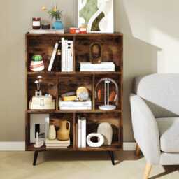 7-Cube Storage Bookcase Mid-Century Modern Wooden Shelf With Metal Legs - thumbnail 3