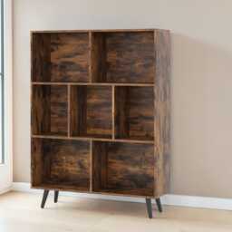 7-Cube Storage Bookcase Mid-Century Modern Wooden Shelf With Metal Legs