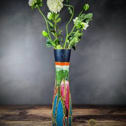 Bud Vase Hand Painted Tall Slim Artisan Glass Blue Pink Gold Abstract Modern Table Decor Home Housewarming Gift - thumbnail 2