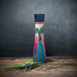 Bud Vase Hand Painted Tall Slim Artisan Glass Blue Pink Gold Abstract Modern Table Decor Home Housewarming Gift - thumbnail 3