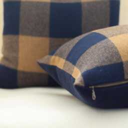Navy & Camel Plaid Wool Pillow Cover, Buffalo Check Cover - Made To Order - thumbnail 2