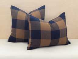 Navy & Camel Plaid Wool Pillow Cover, Buffalo Check Cover - Made To Order - thumbnail 1