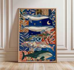 Whale Art Print, Ocean Collage Poster, Nautical Wall Art, Coastal Marine Decor, Boho Sea Life Artwork, Colorful Animal Print - thumbnail 1