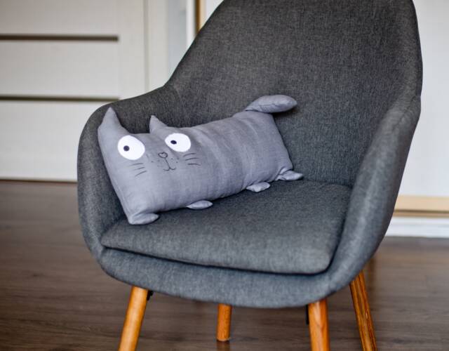 Linen Cat Pillow Gray Nursery Decor, Kids Gift - image 1