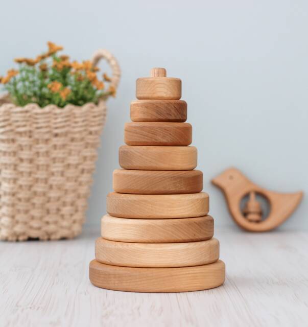Educational Montessori Wooden Stacking Pyramid For Toddler Activity, Baby Toys 1 2 3 Year Old, Baby Boy Girl Gift, Waldorf Learning Toy - image 1