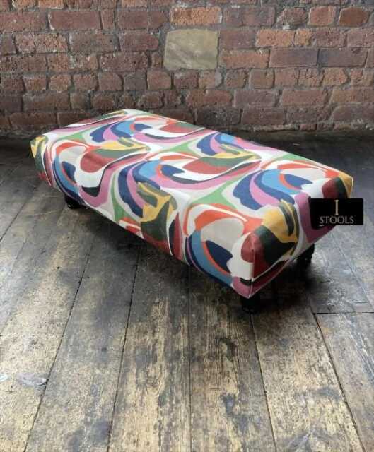 Colorful Printed Ottoman Footstool Satin Fabric & Wood Legs - image 1