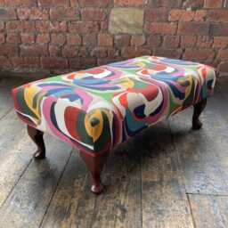 Colorful Printed Ottoman Footstool Satin Fabric & Wood Legs - thumbnail 4
