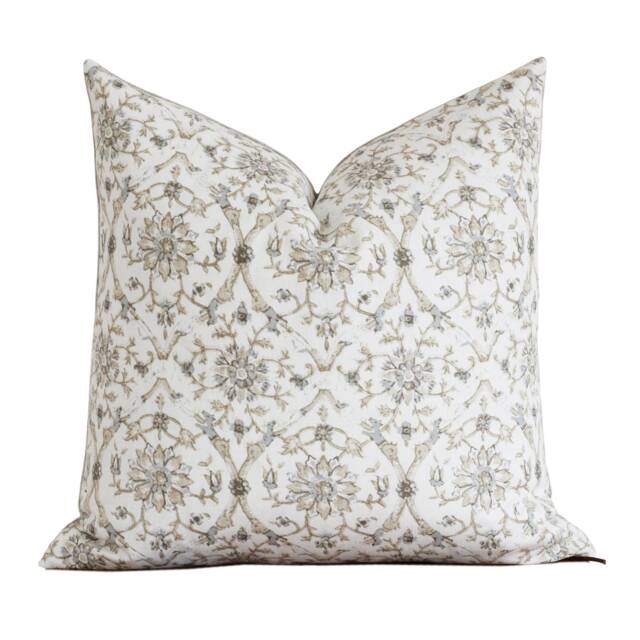 Blue & Beige Floral Hand Block Inspired Pattern - Neutral Print Botanical Throw Pillow Kenny - image 1