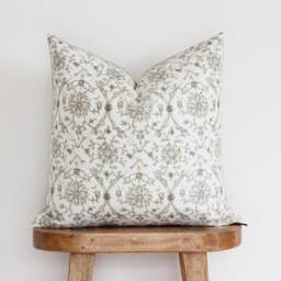 Blue & Beige Floral Hand Block Inspired Pattern - Neutral Print Botanical Throw Pillow Kenny - thumbnail 2