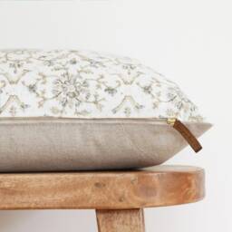Blue & Beige Floral Hand Block Inspired Pattern - Neutral Print Botanical Throw Pillow Kenny - thumbnail 3