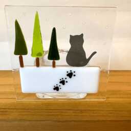 Fused Glass Black Cat Tealight Holder Handmade Christmas Decoration - thumbnail 3