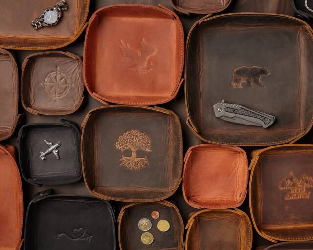 Personalized Mens Gift, Leather Watch Tray, Key Men Valet Personalized Tray Small Things, Organizer With Monogram - image 1