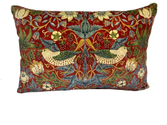 William Morris - Strawberry Thief Crimson/Slate Velvet Fabric Cushion Cover Pillow - image 1