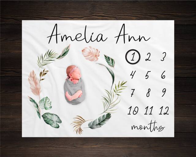 Tropical Milestone Baby Blanket, Girl Green Foliage Personalized Track Growth, Shower Gift, Leaves - image 1