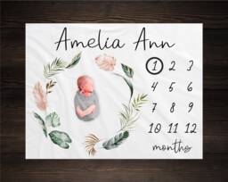Tropical Milestone Baby Blanket, Girl Green Foliage Personalized Track Growth, Shower Gift, Leaves