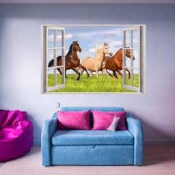 157 Wall Decal Window - Horses On Meadow in 5 Sizes Children's Room Wall Decoration Girl Riding Mural - thumbnail 3
