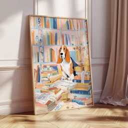 Basset Hound Wall Art Print, Dog & Books Illustration Poster, Vintage Style Academic Decor, Book Lover Gift, Whimsical Animal Artwork - thumbnail 2