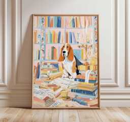 Basset Hound Wall Art Print, Dog & Books Illustration Poster, Vintage Style Academic Decor, Book Lover Gift, Whimsical Animal Artwork - thumbnail 1