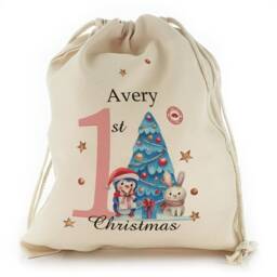 Personalized Boy's 1st Christmas Gift Sack, Snowman Drawstring Bag - thumbnail 2