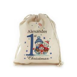Personalized Boy's 1st Christmas Gift Sack, Snowman Drawstring Bag - thumbnail 1