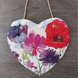 Flower Poppy Decoupage Slate Heart Plaque - Colorful Meadow Wall Hanging - thumbnail 2