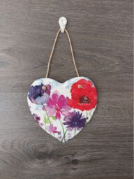 Flower Poppy Decoupage Slate Heart Plaque - Colorful Meadow Wall Hanging