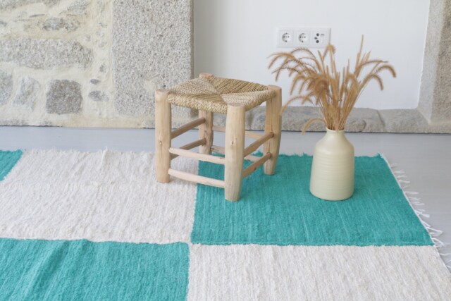 Large Handwoven Green Checkered Rug, Area Cotton Living Room Farmhouse Decor, Sustainable Unique Rug Rustic - image 1
