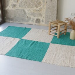 Large Handwoven Green Checkered Rug, Area Cotton Living Room Farmhouse Decor, Sustainable Unique Rug Rustic - thumbnail 3