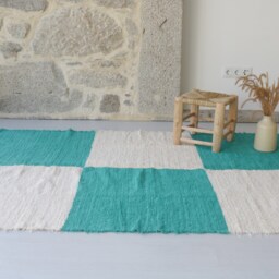 Large Handwoven Green Checkered Rug, Area Cotton Living Room Farmhouse Decor, Sustainable Unique Rug Rustic - thumbnail 2